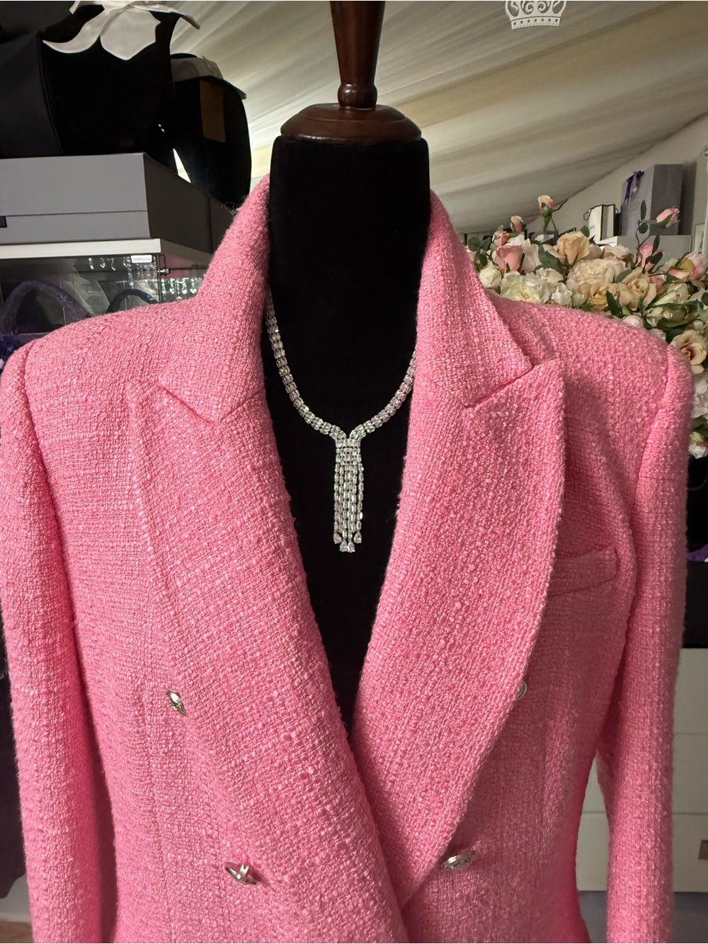 Zara Pink Bouclé Double-Breasted Blazer with Silver Buttons